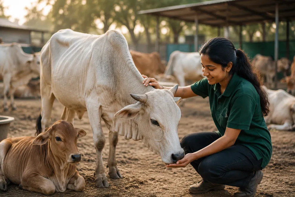 A volunteer feeding a rescued cow at Ashray Gau Sewa Sansthan